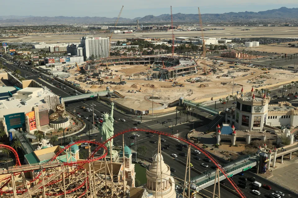 A general view of the construction site for the Athletics' new baseball stadium in Las Vegas, Nevada, on March 10, 2026. The Athletics are temporarily playing in Sacramento after playing 57 seasons in Oakland. The new stadium is scheduled to open in 2028.