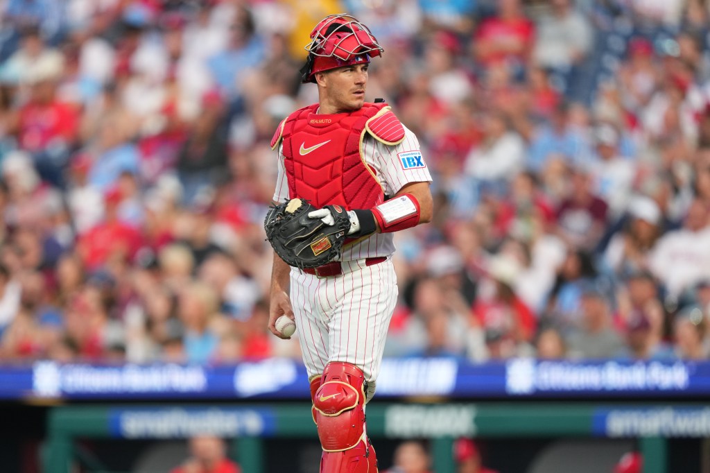 Philadelphia Phillies catcher JT Realmuto (10) looks on against the Washington Nationals in the second inning at Citizens Bank Park.