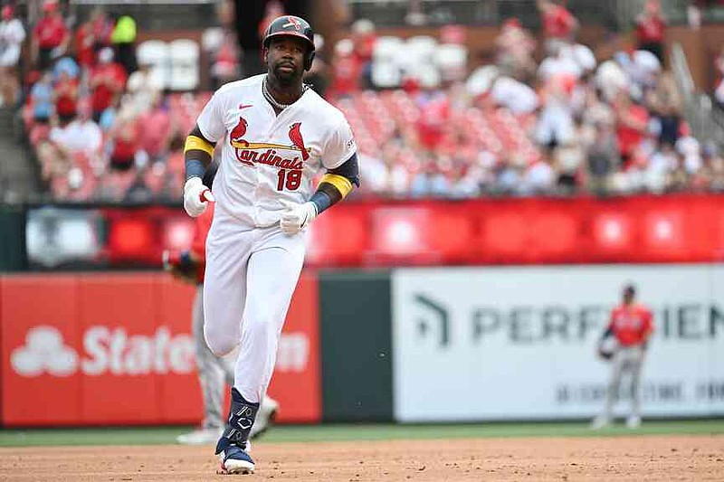 St. Louis Cardinals' Jordan Walker rounds the bases after hitting a solo home run in second inning of a baseball game against the Boston Red Sox, Sunday, April 12, 2026, in St. Louis. (AP Photo/Michael Thomas)