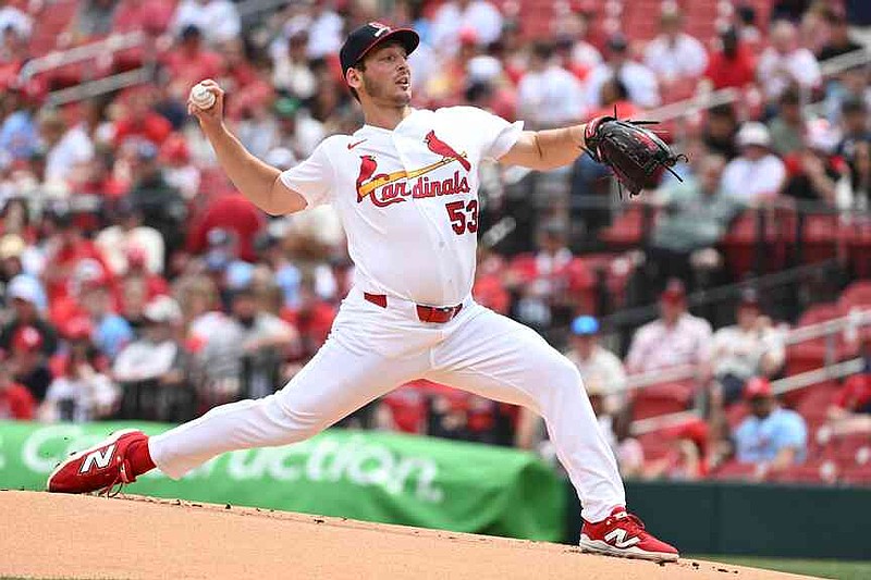 St. Louis Cardinals' Andre Pallante delivers a pitch in the first inning of a baseball game against the Boston Red Sox, Sunday, April 12, 2026, in St. Louis. (AP Photo/Michael Thomas)
