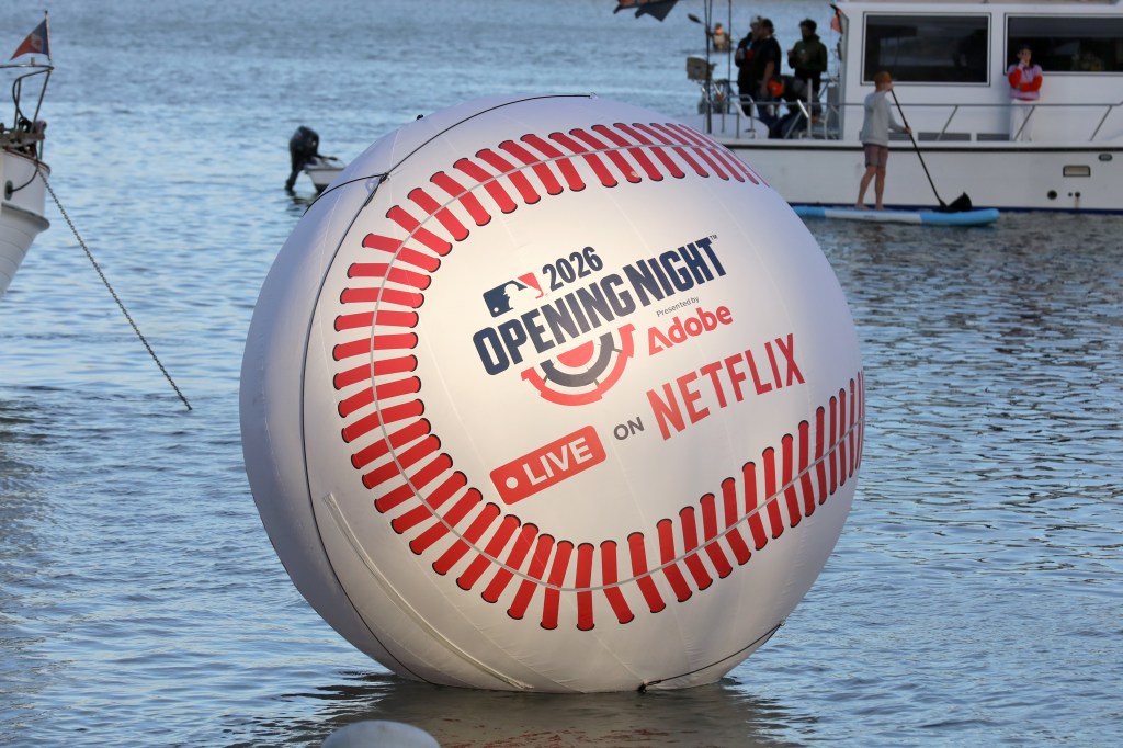 Netflix branded baseball float is seen during the MLB Opening Night Game: Yankees vs. Giants, at Momo's on March 25, 2026 in San Francisco, California.
