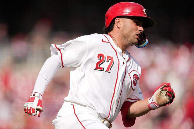 CINCINNATI, OHIO - MARCH 29: Sal Stewart #27 of the Cincinnati Reds watches his double during the eighth inning of a baseball game against the Boston Red Sox at Great American Ball Park on March 29, 2026 in Cincinnati, Ohio. (Photo by Jeff Dean/Getty Images)
