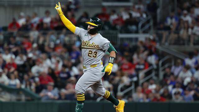 Athletics catcher Shea Langeliers celebrates a solo home run during the fifth inning against the Atlanta Braves at Truist Park on Tuesday in Atlanta. Langeliers entered Thursday leading Major League Baseball with five home runs in the first week of the 2026 regular season.