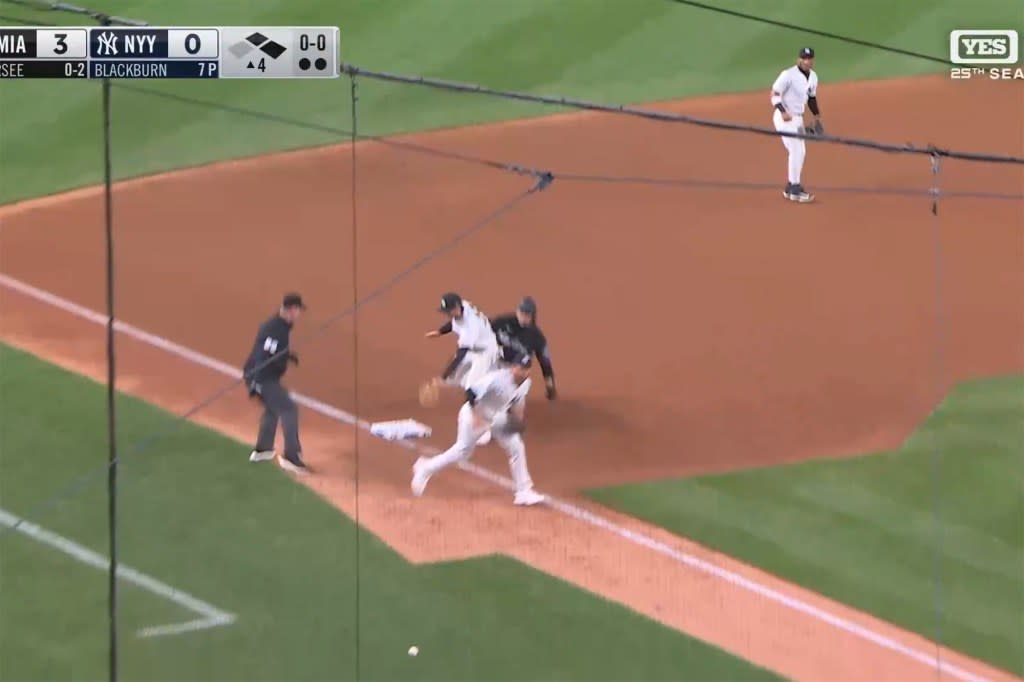 The Yankees committed a brutal error during their game against the Marlins on April 4. Screengrab via X/@TalkinYanks