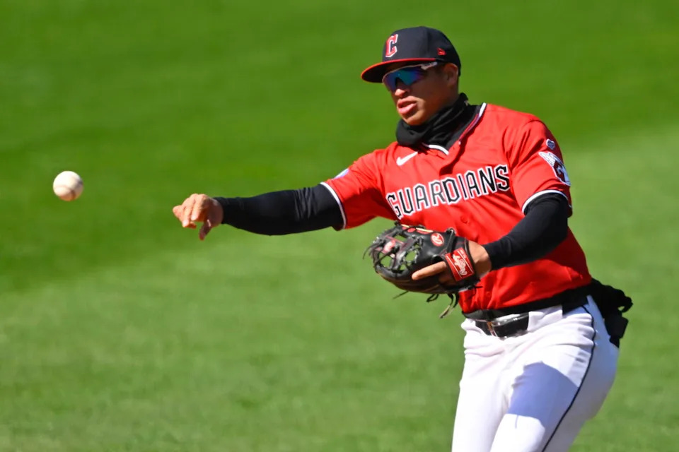 Apr 7, 2026; Cleveland, Ohio, USA; Cleveland Guardians second baseman Juan Brito (34) throws to first base in the ninth inning against the Kansas City Royals at Progressive Field. Mandatory Credit: David Richard-Imagn Images