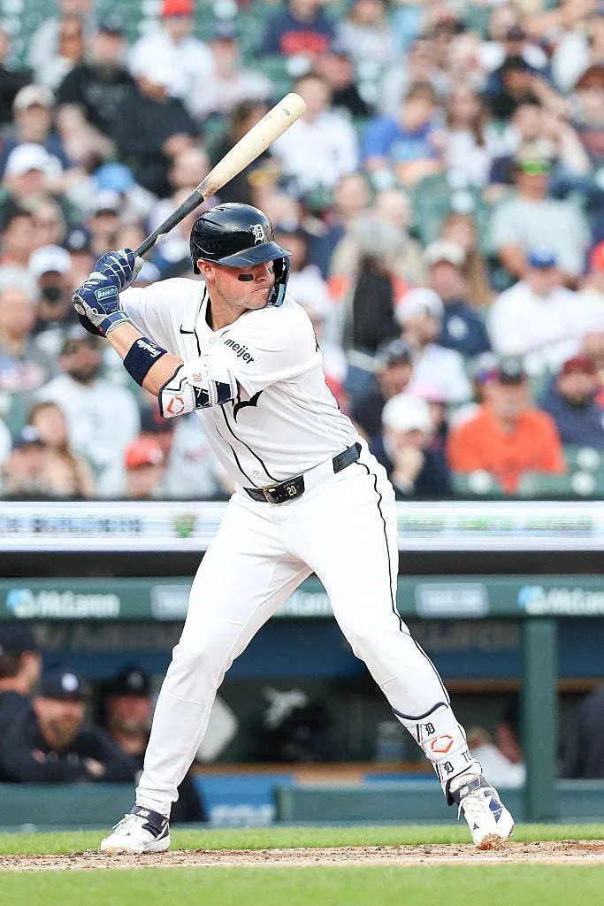Spencer Torkelson bats during the Tigers game Wednesday, April 22, 2026, at Comerica Park in Detroit.