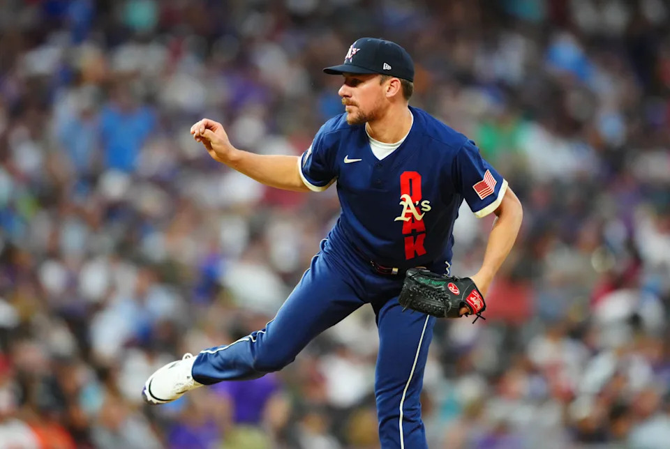 Oakland A's pitcher Chris Bassitt throws a pitch for the American League during the 2021 MLB All-Star Game, July 13, 2021, in Denver.
