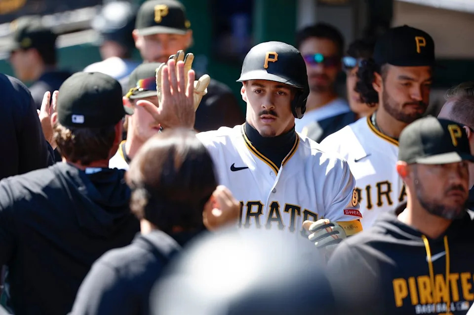 Konnor Griffin #6 celebrates after scoring during a game against the San Diego Padres at PNC Park on April 8, 2025 in Pittsburgh.