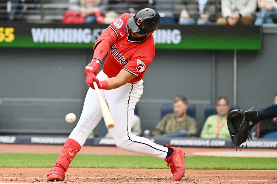 Apr 21, 2026; Cleveland, Ohio, USA; Cleveland Guardians right fielder George Valera (7) hits an RBI single during the first inning against the Houston Astros at Progressive Field. Mandatory Credit: Ken Blaze-Imagn Images