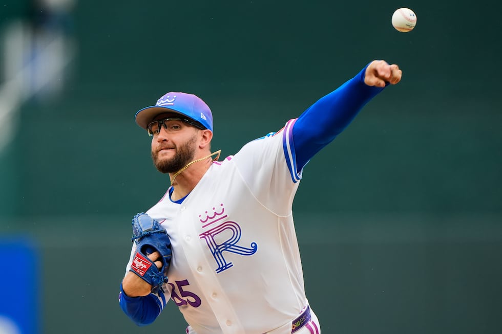 Kansas City Royals starting pitcher Noah Cameron throws during the first inning of a baseball...