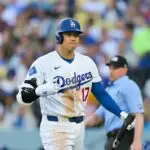 Apr 1, 2026; Los Angeles, California, USA; Los Angeles Dodgers two-way player Shohei Ohtani (17) reacts after striking out during the third inning against the Cleveland Guardians at Dodger Stadium. Mandatory Credit: Jayne Kamin-Oncea-Imagn Images