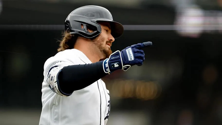 Detroit Tigers third baseman Zach McKinstry celebrates after he hits a two run home run.