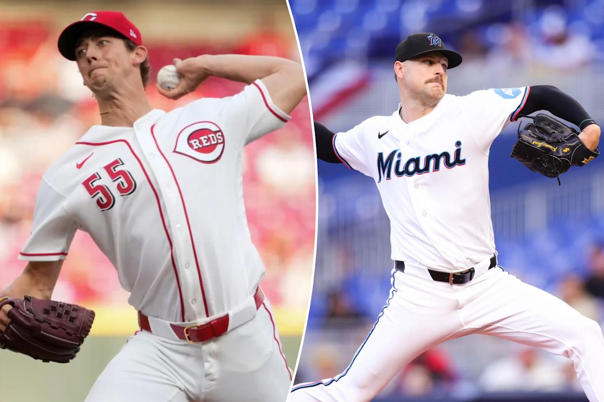 An image collage containing 2 images, Image 1 shows Cincinnati Reds pitcher Brandon Williamson delivers a pitch during a baseball game, Image 2 shows Miami Marlins pitcher Janson Junk pitches the ball