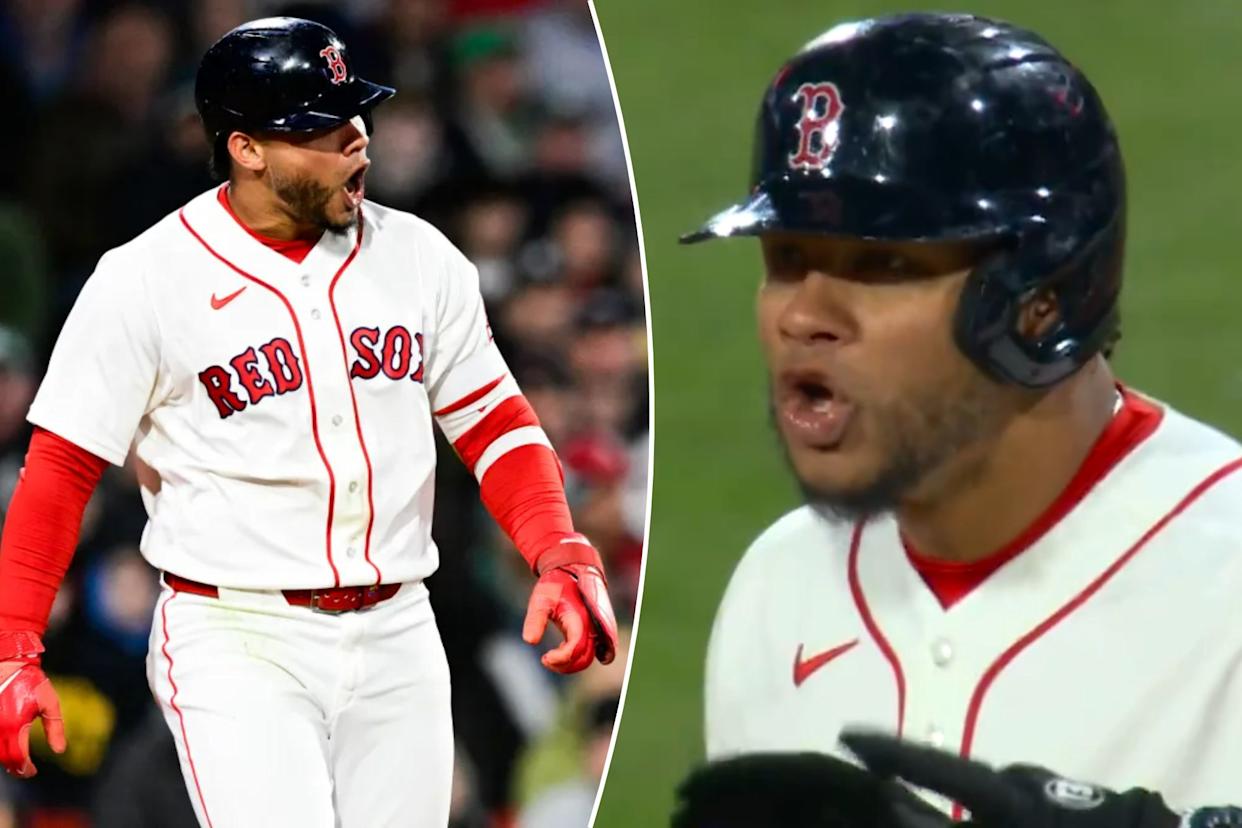 An image collage containing 2 images, Image 1 shows Willson Contreras #40 of the Boston Red Sox reacts after getting hit by a pitch during the third inning against the Milwaukee Brewers at Fenway Park on April 06, 2026 in Boston, Massachusetts, Image 2 shows Willson Contreras continues to yell at Brewers starter Brandon Woodruff after getting hit by pitch