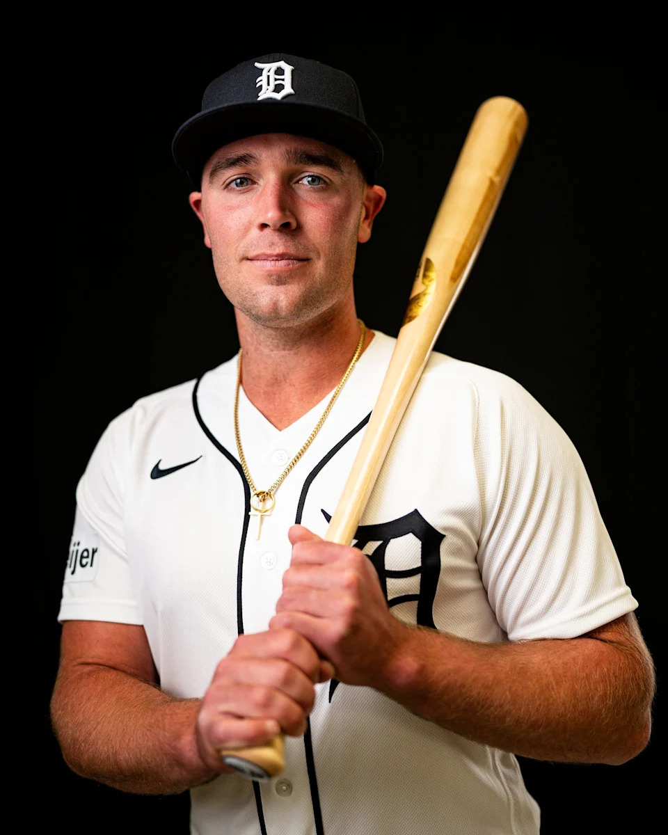 Detroit Tigers outfielder Kerry Carpenter on picture day during spring training at TigerTown in Lakeland, Fla. on Tuesday, Feb. 17, 2026.