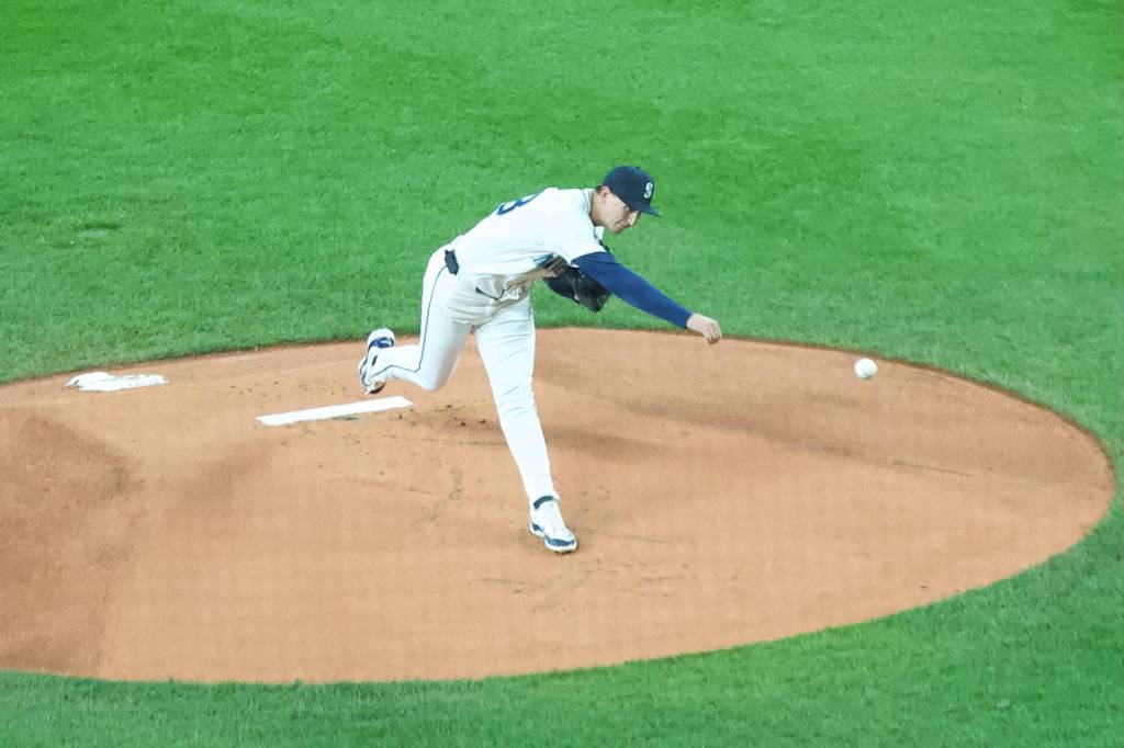 Mariners pitcher George Kirby throws a pitch against the New York Yankees on Wednesday, April 1, 2026 at T-Mobile Park in Seattle, Washington. (Aaron Coe / The Herald)