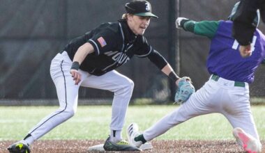 Jackson’s Austin Halvorson tags Edmonds-Woodway’s Toshi Gilginas as he slides into second for the out during the game on Wednesday, April 2, 2025 in Edmonds, Washington. (Olivia Vanni / The Herald)