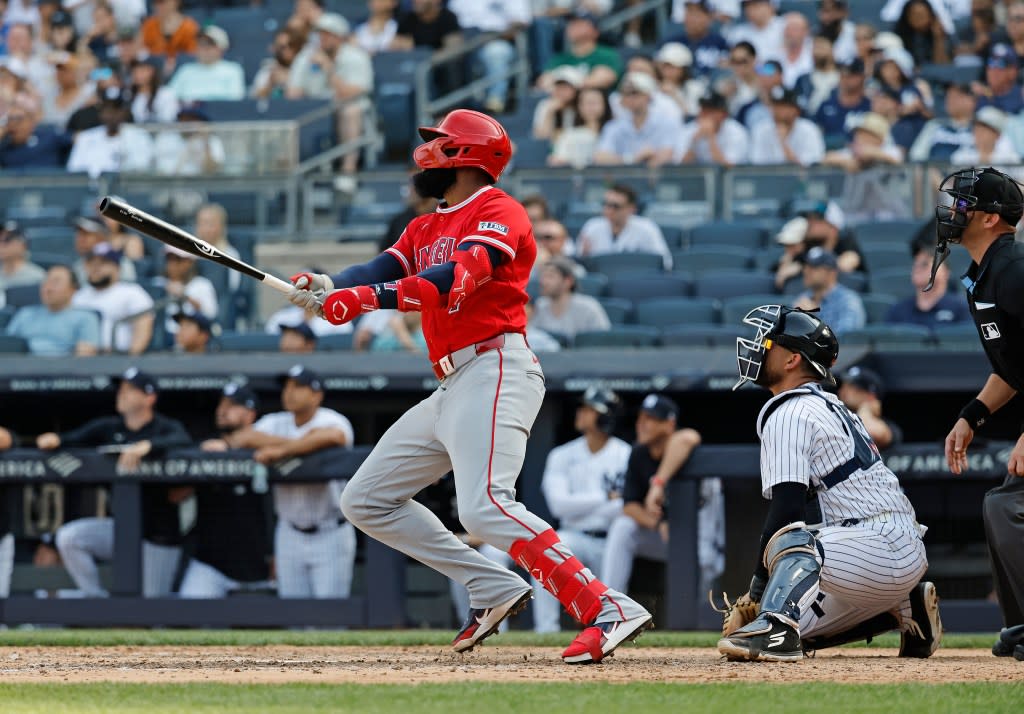 Angels center fielder Jo Adell hits a grand slam in the 8th inning at Yankee Stadium. JASON SZENES FOR THE NEW YORK POST