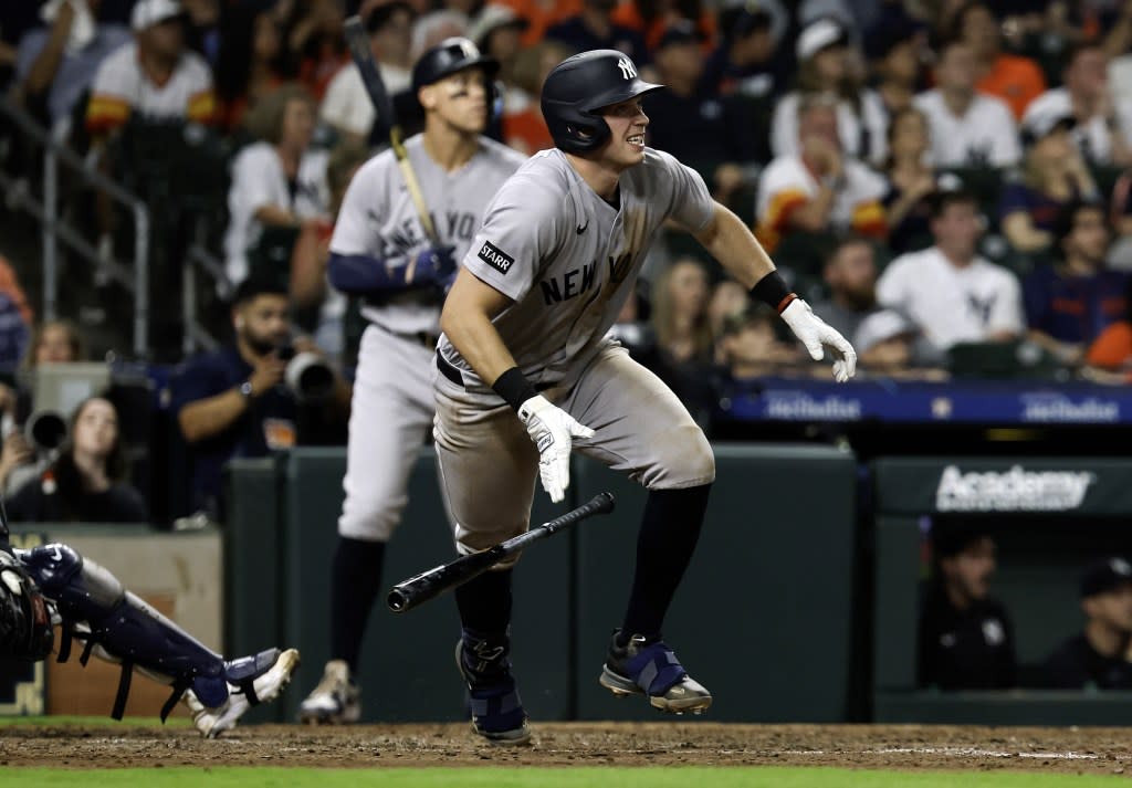 Ben Rice hits a sacrifice fly in the eighth inning of the Yankees’ win over the Astros. Getty Images