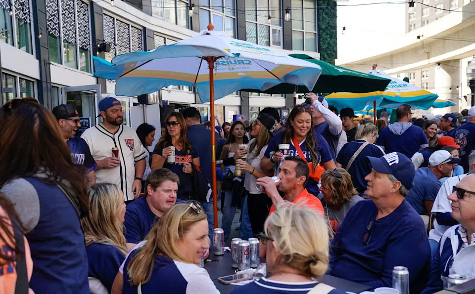 Fans party at the Hamlin Pub in Detroit as the Detroit Tigers take on the St. Louis Cardinals for Opening Day at Comerica Park in Detroit on Friday, April 3, 2026.
