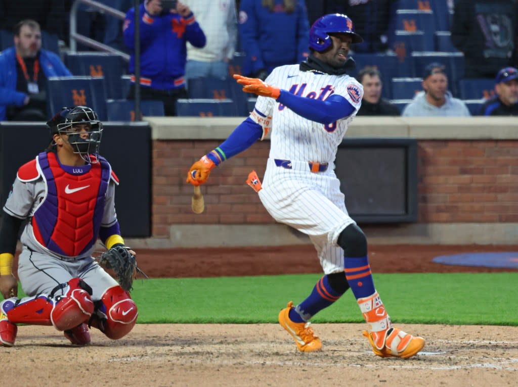 Third baseman Ronny Mauricio hits a walkoff RBI single during the 10th inning of the Mets’ 4-3 win over the Diamondbacks on April 7, 2026 at Citi Field. Robert Sabo for NY Post