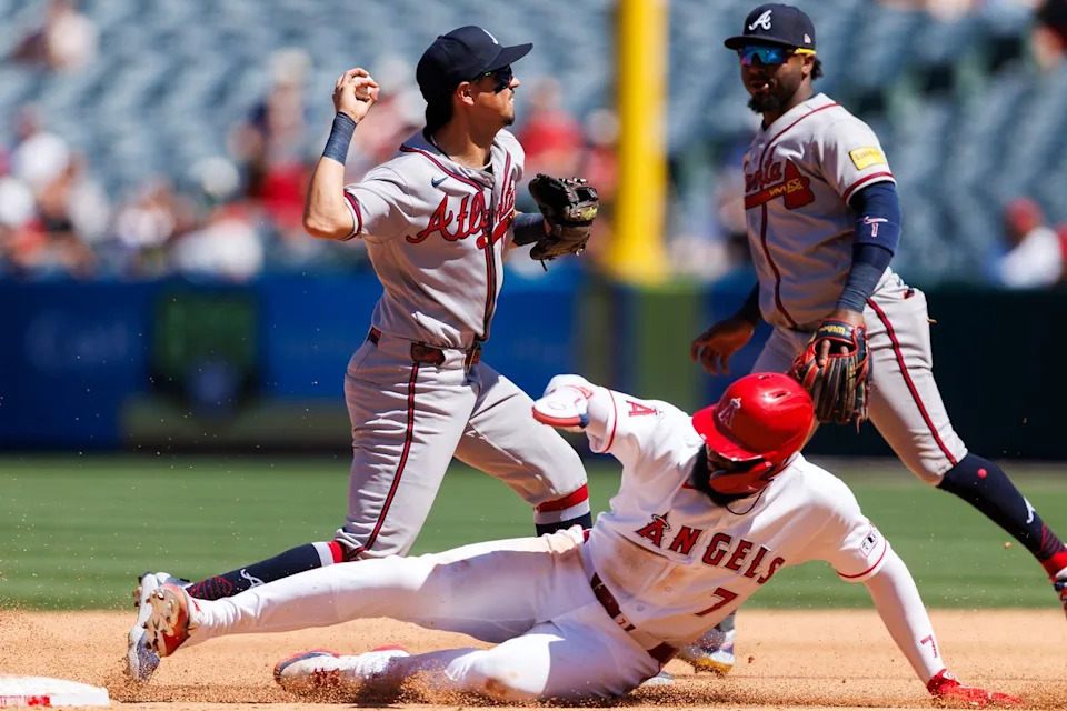 Jo Adell #7 of the Los Angeles Angels slides into second base during the game against the Atlanta Braves at Angel Stadium of Anaheim on April 8, 2026 in Anaheim, California. 