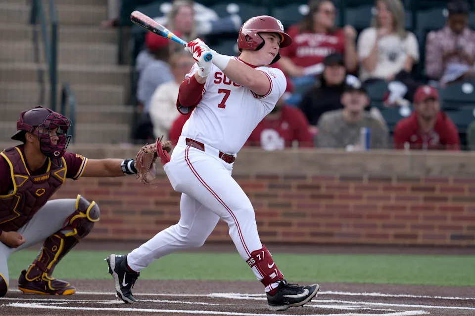 Oklahoma Sooners infielder Jaxon Willits (7) flies out in the second inning of a college baseball game between the University of Oklahoma (OU) and the Arizona State Sun Devils at Kimrey Family Stadium in Norman, Okla., Wednesday, Feb. 25, 2026.
