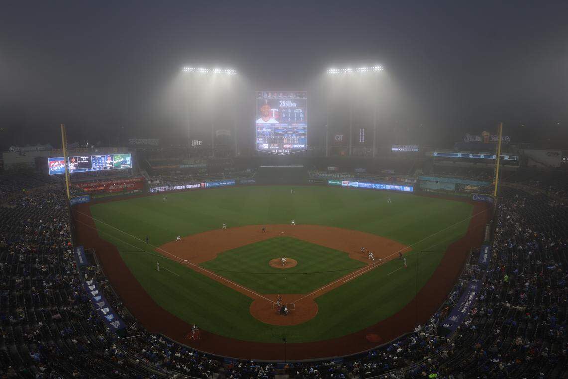 Fog rolled in during Wednesday’s game at Kauffman Stadium when the Royals beat the Twins. Heavy rains, though, were expected ahead of Friday’s game against the Brewers, and the game has officially been postponed until a doubleheader on Saturday.