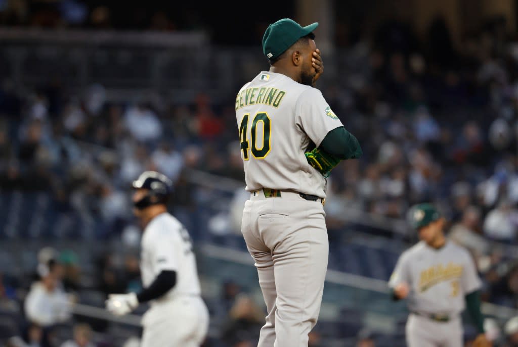 Luis Severino reacts after giving up a run to the Yankees during the first inning. JASON SZENES FOR THE NEW YORK POST