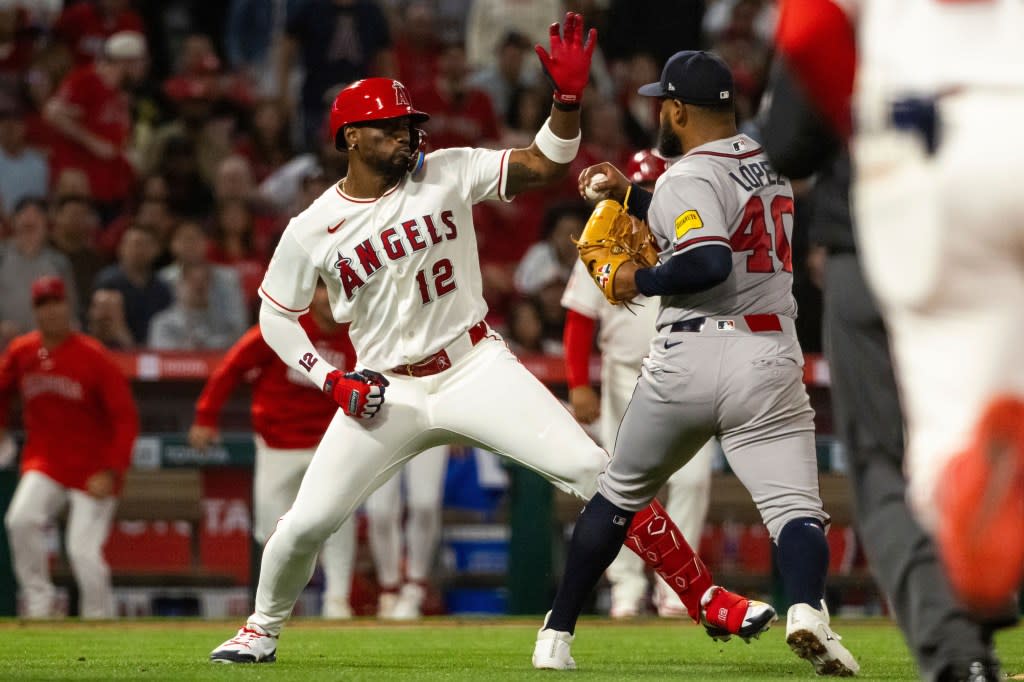 Jorge Soler (12) and Atlanta’s Reynaldo López (40) fight during the fifth inning of a the Angels’ 7-2 win over the Braves on April 7, 2026, in Anaheim, Calif. AP