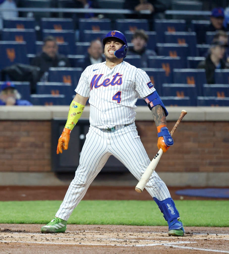 New York Mets catcher Francisco Alvarez reacts after he strikes out looking against the Washington Nationals in the first inning. JASON SZENES FOR THE NEW YORK POST