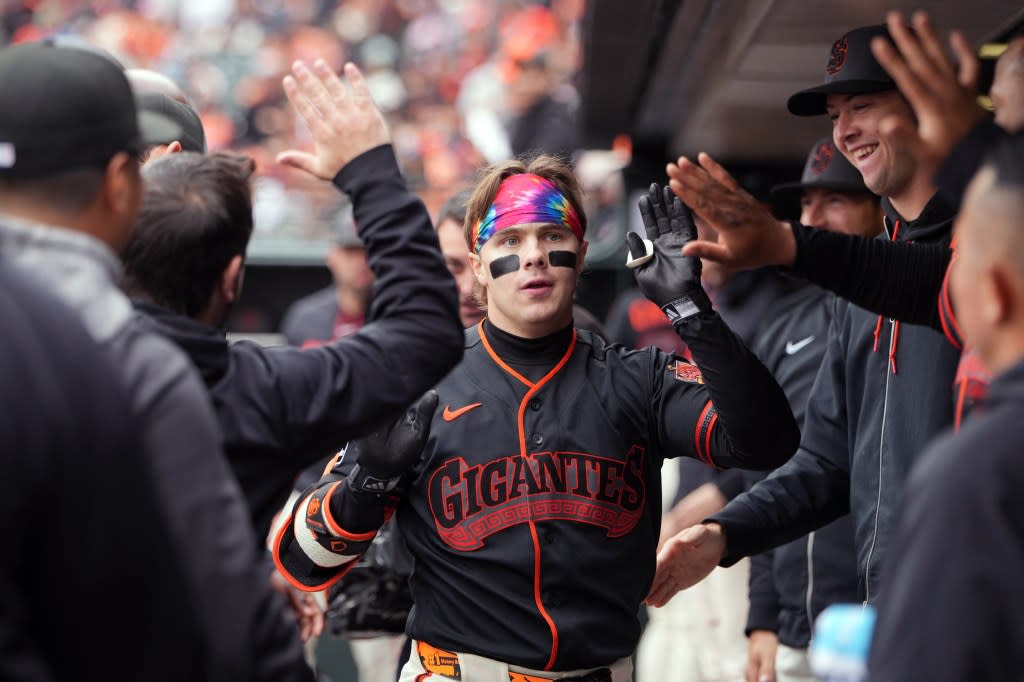 The Giants’ Drew Gilbert hit a solo home run against the Marlins on Saturday. IMAGN IMAGES via Reuters Connect