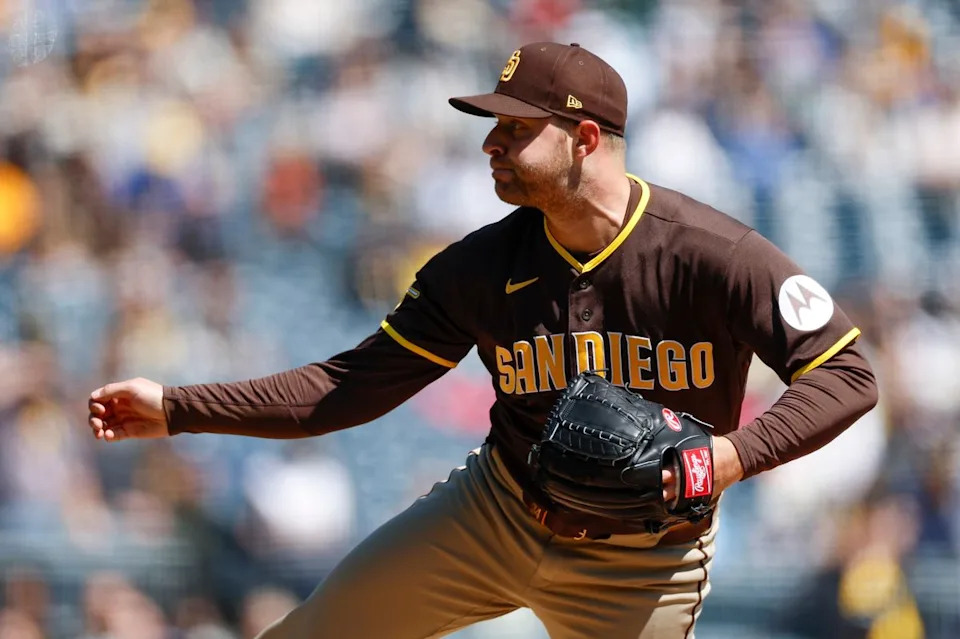 Michael King #34 throws a pitch against the Pirates at PNC Park on April 8, 2025 in Pittsburgh.