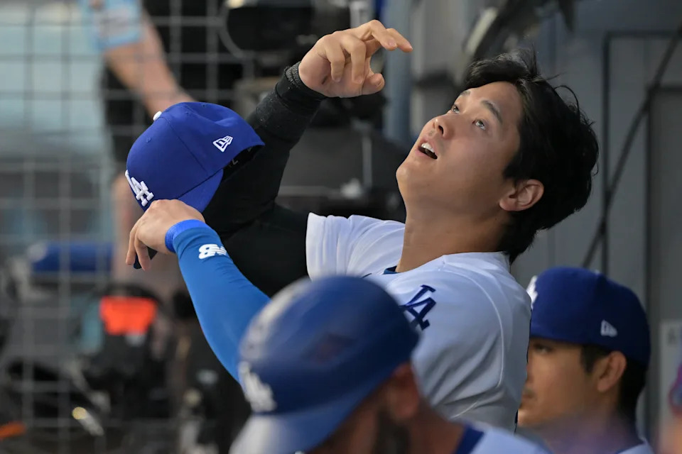 Apr 10, 2026; Los Angeles, California, USA; Los Angeles Dodgers two-way player Shohei Ohtani (17) in the dugout prior to the game against the Texas Rangers at Dodger Stadium. Mandatory Credit: Jayne Kamin-Oncea-Imagn Images | Jayne Kamin-Oncea-Imagn Images