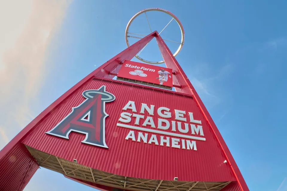 The Los Angeles Angels stadium sign during an MLB game against the San Diego Padres, April 18th, 2026 in Anaheim California.