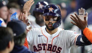 Carlos Correa was greeted by his Astros teammates after hitting a three-run homer in the fifth inning.