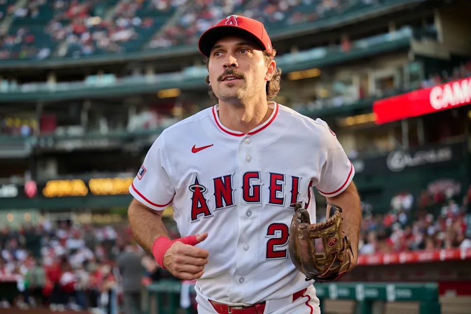 The Los Angeles Angels Adam Frazier #20 in the starting line up during an MLB game against the San Diego Padres, April 18th, 2026 in Anaheim California.