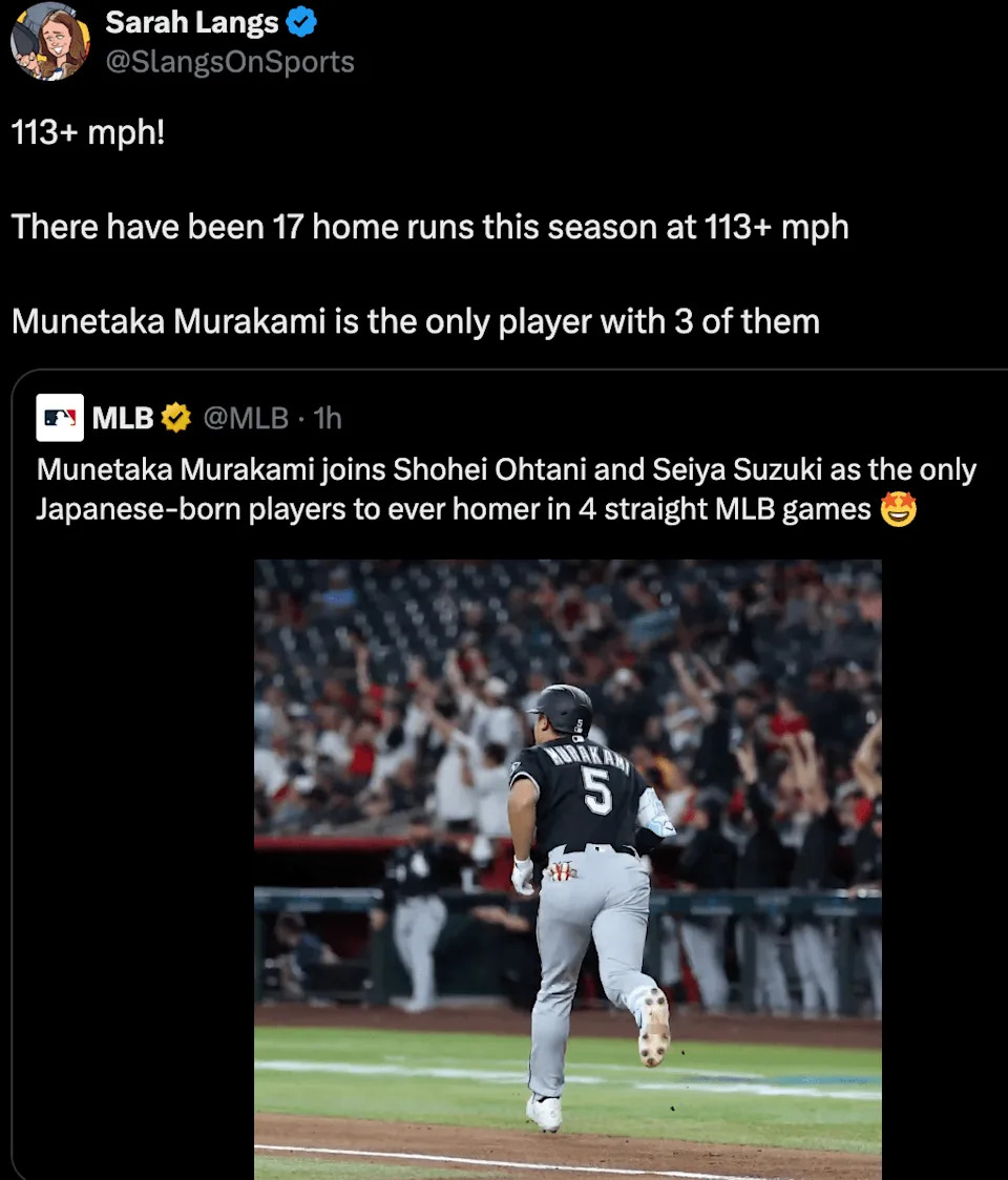Tweet from Sarah Langs highlighting that Munetaka Murakami is the only player in MLB to have hit a home run at 113+ mph three times.