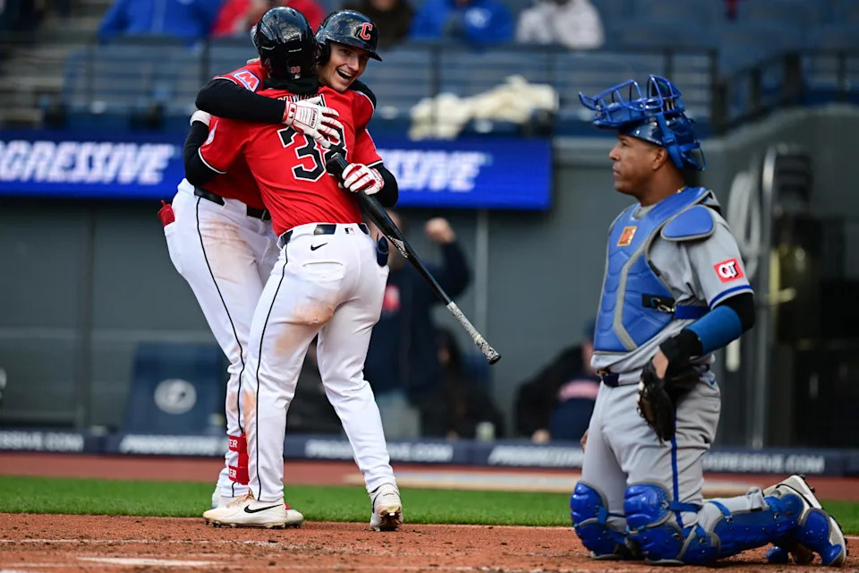 Apr 6, 2026; Cleveland, Ohio, USA; Cleveland Guardians center fielder Steven Kwan (38) is congratulated by right fielder Chase DeLauter (24) after hitting a solo home run off Kansas City Royals starting pitcher Michael Wacha (52) during the third inning at Progressive Field. Mandatory Credit: David Dermer-Imagn Images