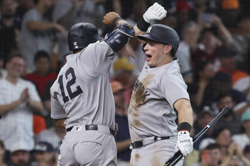 Trent Grisham (left) celebrates with Ben Rice after hitting a solo home run in the third inning of the Yankees’ 8-3 win over the Astros on April 25, 2026 in Houston. Troy Taormina-Imagn Images