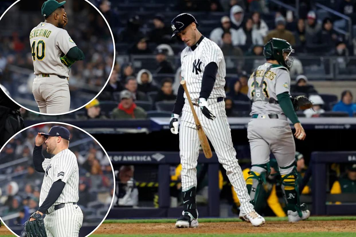 An image collage containing 3 images, Image 1 shows New York Yankees left fielder Cody Bellinger (35) reacts after he strikes out swinging during the 7th inning, Image 2 shows Athletics pitcher Luis Severino reacts after giving up a run to the New York Yankees, Image 3 shows New York Yankees pitcher David Bednar reacts to giving up a go-ahead run