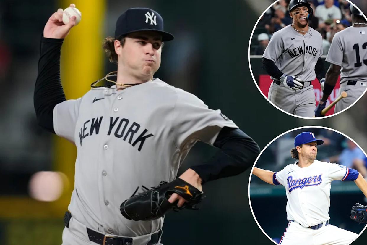 An image collage containing 3 images, Image 1 shows Cam Schlittler pitched six scoreless innings in the Yankees' 3-2 win over the Rangers on April 28, 2026 in Arlington, Texas, Image 2 shows Jacob deGrom, who allowed just one run in six innings, was the hard-luck loser in the Yankees' win over the Rangers. , Image 3 shows Aaron Judge is all smiles as he celebrates with Jazz Chisholm after hitting a solo homer in the ninth inning of the Yankees' win over the Rangers. 
