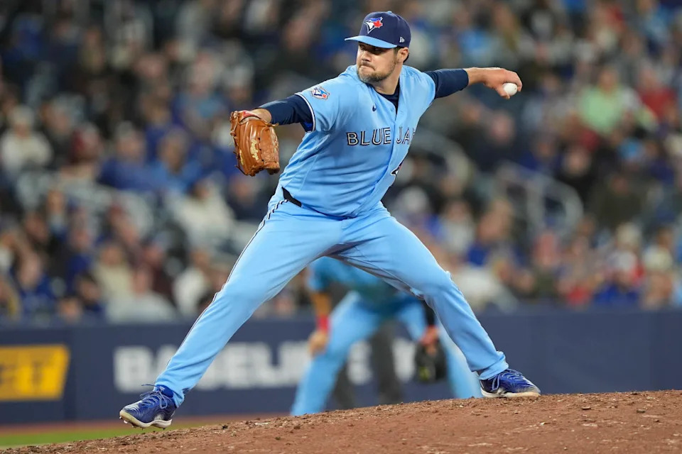 Toronto Blue Jays pitcher Brendon Little (54) against the Colorado Rockies.© John E&period; Sokolowski-Imagn Images