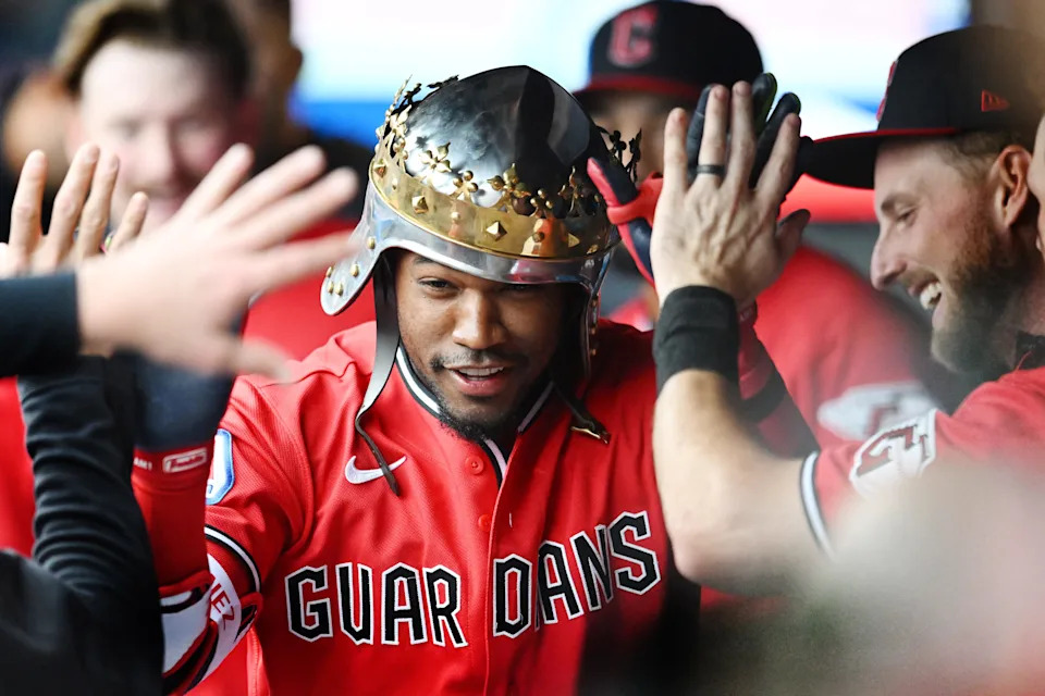 Apr 21, 2026; Cleveland, Ohio, USA; Cleveland Guardians left fielder Angel Martinez (1) celebrates after hitting a home run during the second inning against the Houston Astros at Progressive Field. Mandatory Credit: Ken Blaze-Imagn Images