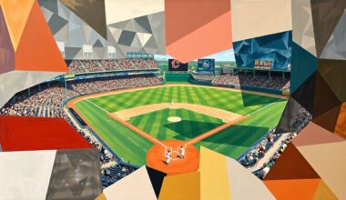 A fragmented, geometric painting depicting a baseball game in motion, with overlapping shapes and planes representing the dynamic action on the field.