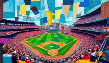 A cubist, geometric painting depicting a baseball game, with sharp, overlapping planes of color representing the players and field of play.