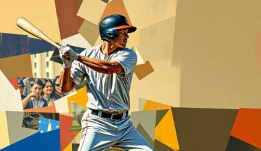 A cubist, geometric painting depicting a baseball player in motion, with their body and equipment broken down into sharp, overlapping planes of color, conveying the raw energy and tension of the sport.