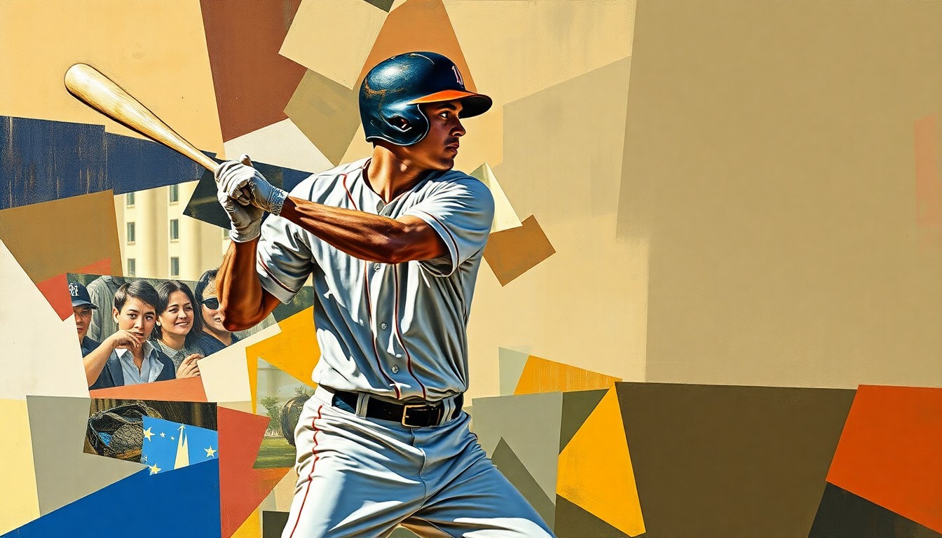 A cubist, geometric painting depicting a baseball player in motion, with their body and equipment broken down into sharp, overlapping planes of color, conveying the raw energy and tension of the sport.