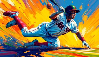 A dynamic, expressionist painting in neon colors depicting the explosive motion of a baseball player sliding into home plate, conveying the raw energy and potential of a rising star.