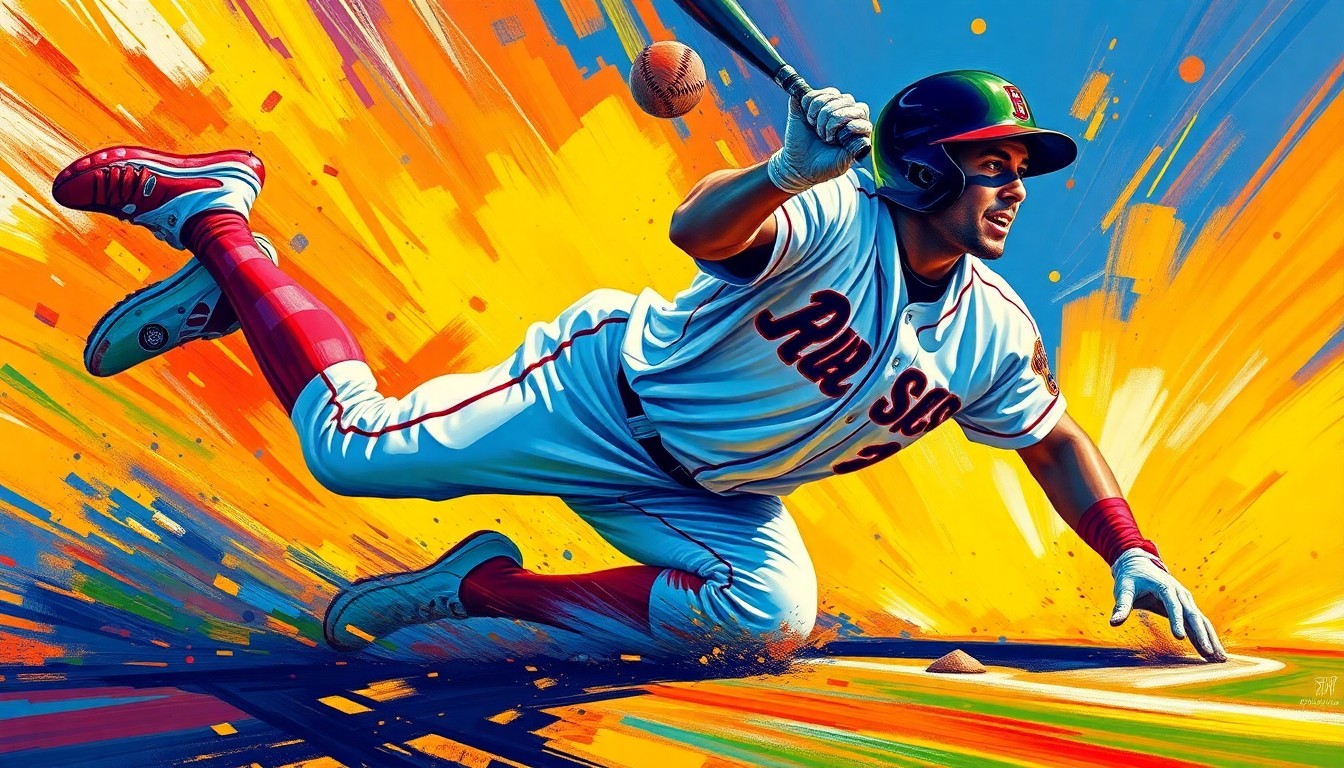 A dynamic, expressionist painting in neon colors depicting the explosive motion of a baseball player sliding into home plate, conveying the raw energy and potential of a rising star.